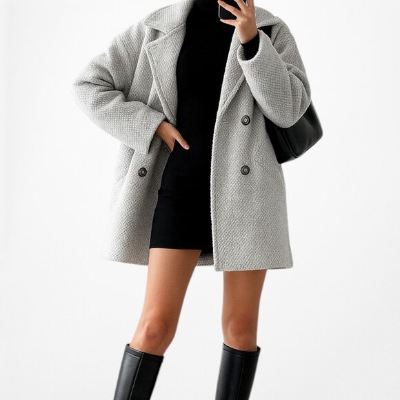 Mango Gray Double Breasted Wool Oversized Short Peacoat Jacket Size XS - Picture 1 of 6